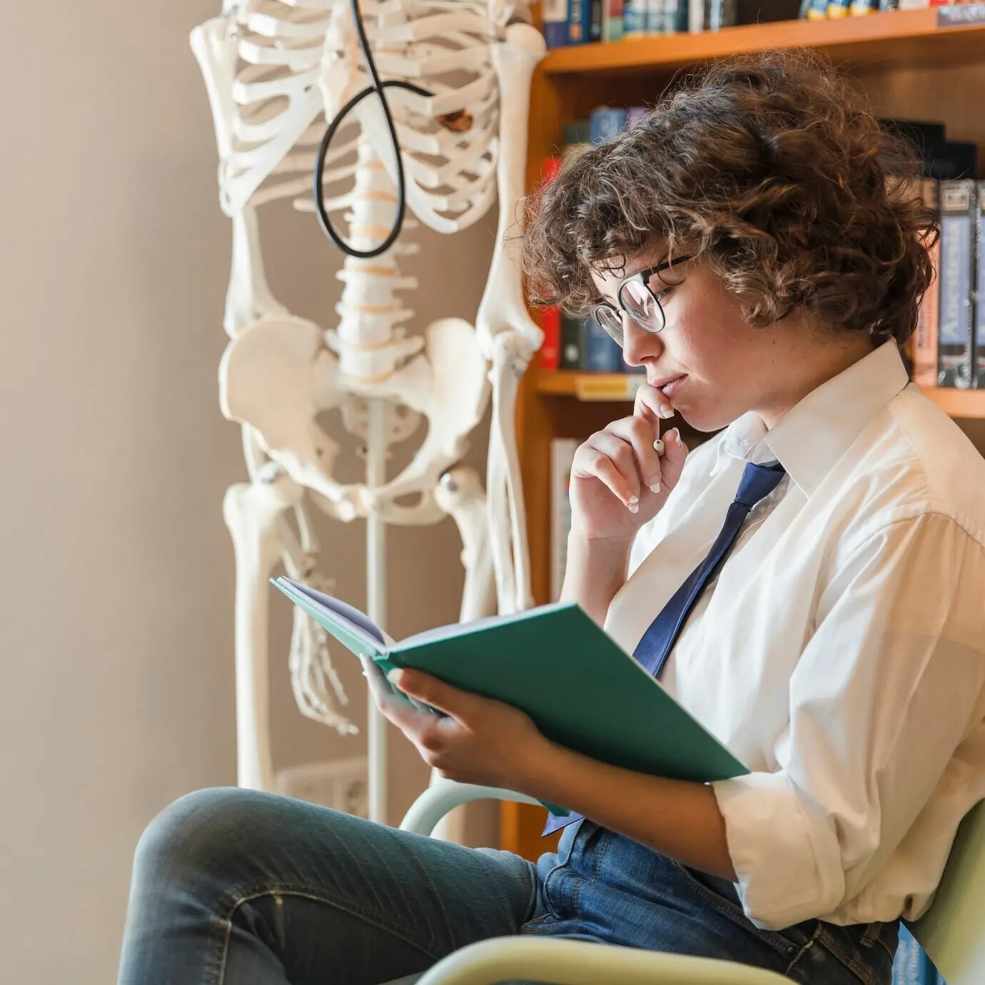 Adolescente reflexionando mientras hace los deberes en la biblioteca.